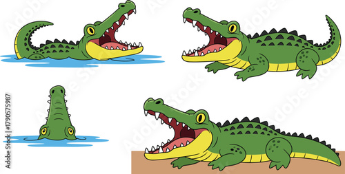 Cute cartoon crocodile set showing different poses and expressions, funny alligator character illustration for kids, wildlife design, zoo animal vector