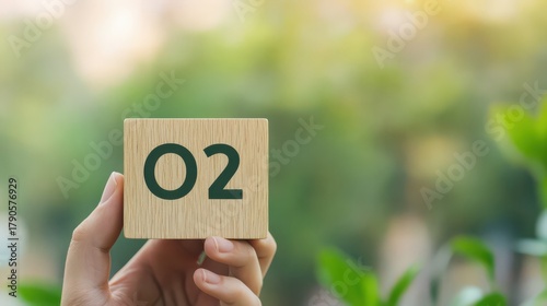 A hand holds a wooden block with the number '02' displayed against a blurred green background, suggesting a nature-themed context.