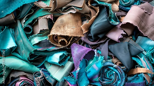 Tightly rolled fabrics mixed with textile scraps in earthy colors, illustrating fabric reuse, recycling, and sustainable production methods.
