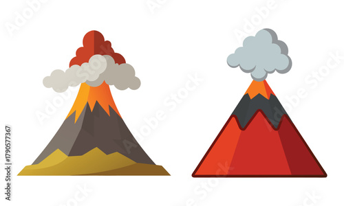 Volcano Eruption Vector Icon Set - Flat Design Mountain Graphic