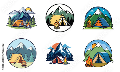 Camping Adventure Vector Logo Set - Mountain, Tent, and Campfire Icons
