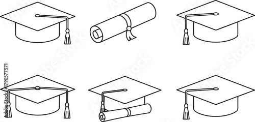 Graduation cap and diploma icons set, black and white outline vector illustration for education, success, academic achievement, and university celebration design