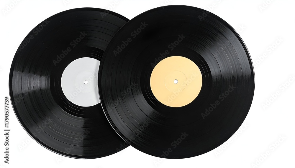Obraz premium Two black circular discs with central labels on a white background