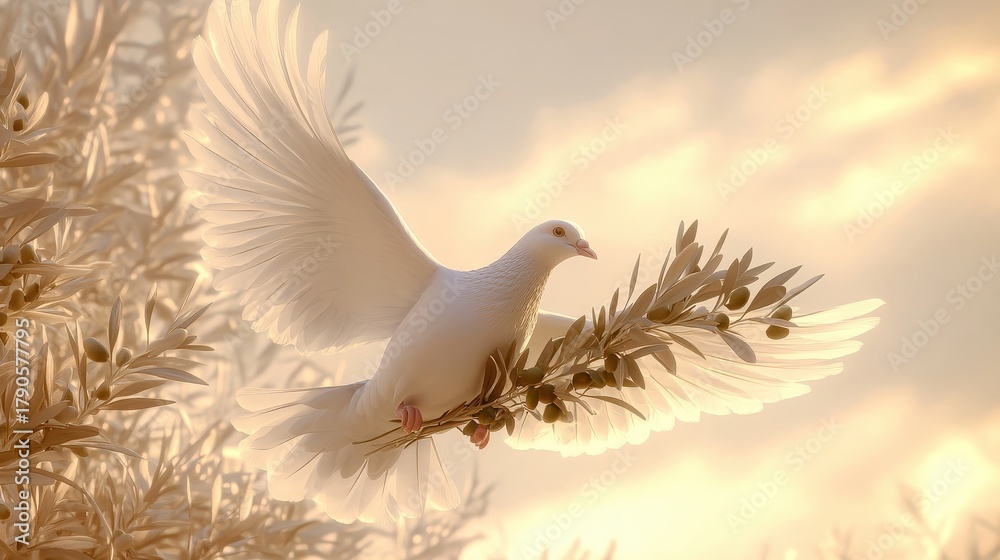 Obraz premium Dove in flight carrying an olive branch against a soft sky