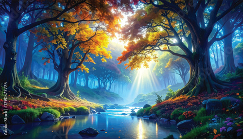 Golden sunlight pouring through a magical autumn forest. Serene autumn forest path bathed in warm sunlight. Peaceful forest with autumn leaves and golden sunrays