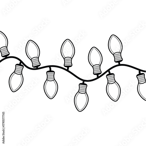 Hand drawn string of vintage style christmas lights on white background