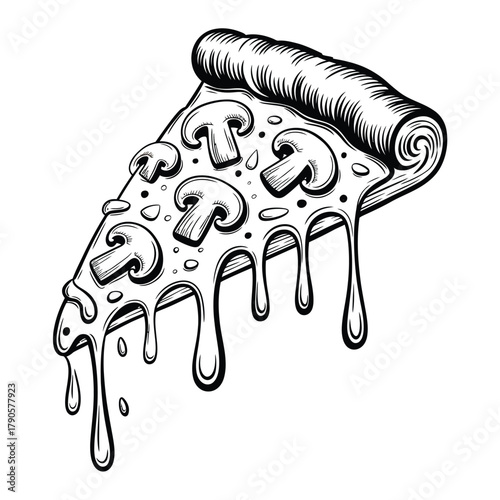 Hand drawn slice of mushroom pizza with dripping cheese