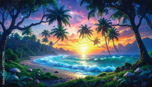Magical sunset beach with glowing palm trees and waves. Tropical paradise with vibrant sunset and calm waves. Stunning ocean view at sunset surrounded by palm trees