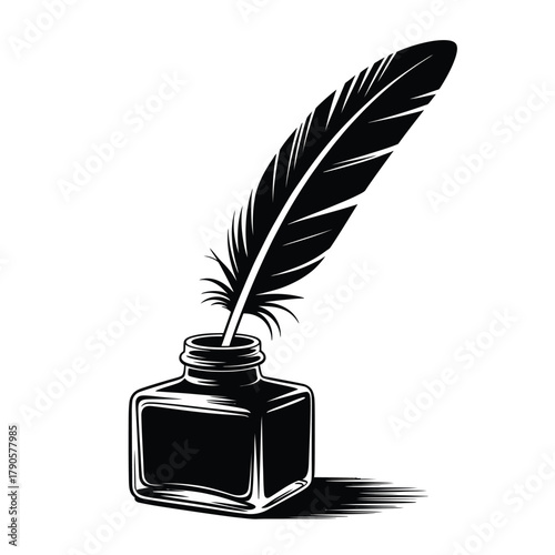 Vintage quill pen and inkwell illustration