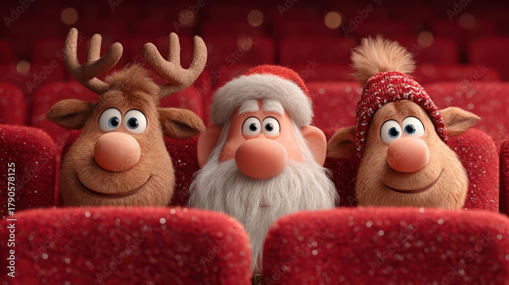 Obraz premium Santa Claus with Reindeer and Elf Sitting in Cinema Watching Christmas Movie
