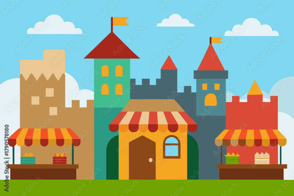 Fototapeta premium Cartoon market stalls inside a castle town vector illustration