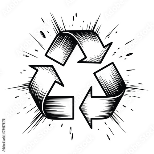 Hand drawn recycling symbol with energetic splash effect