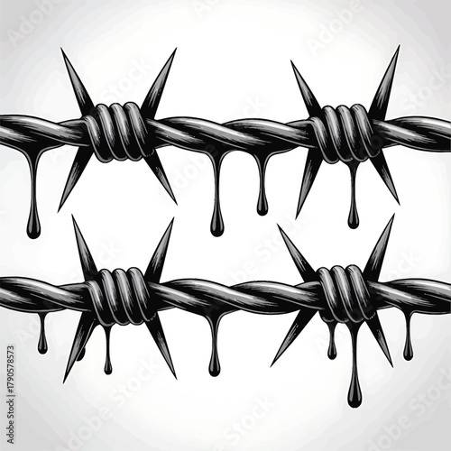 Barbed wire with dripping dark liquid against a light background
