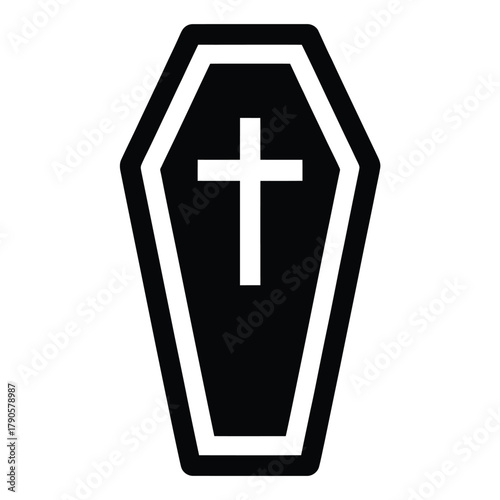 Simple black coffin icon with white cross symbol