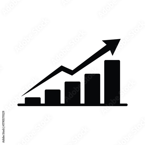 Black bar graph with upward trending arrow showing growth