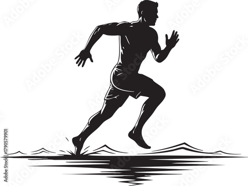 Silhouette of a Runner Sprinting Across Water A Symbol of Strength, Speed, and Dynamic Movement for Sports & Fitness