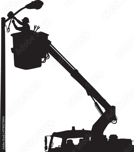 Silhouette of a utility worker in a bucket truck repairing a street light, showcasing skilled labor and public infrastructure maintenance.