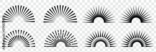 Vintage starburst. Sunburst shapes, bursting sun rays, sunshine. Radial fireworks burst, sunset and sunrise, star beams, sparkle elements. Vector classic boho logo line set. Sunburst, sun light ray. 