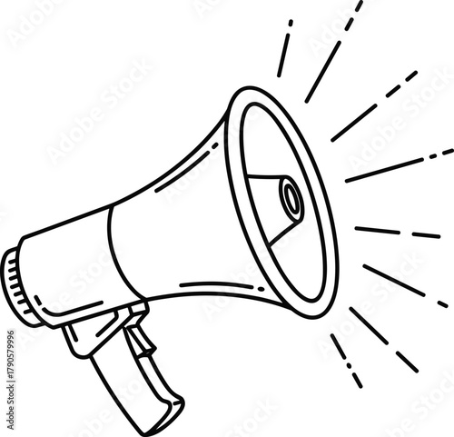 Hand drawn megaphone illustration with sound lines, black and white loudspeaker vector icon for announcement, marketing, and communication design