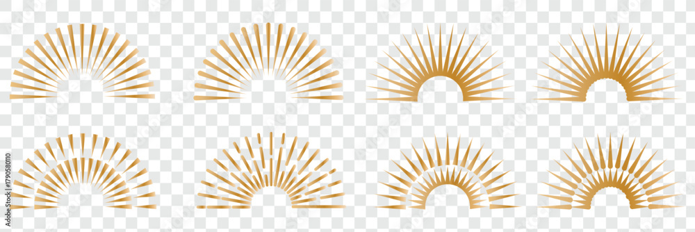 Fototapeta premium Vintage starburst. Sunburst shapes, bursting sun rays, sunshine. Radial fireworks burst, sunset and sunrise, star beams, sparkle elements. Vector classic boho logo line set. sunburst boho style.