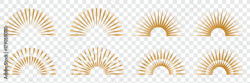 Vintage starburst. Sunburst shapes, bursting sun rays, sunshine. Radial fireworks burst, sunset and sunrise, star beams, sparkle elements. Vector classic boho logo line set. sunburst boho style.