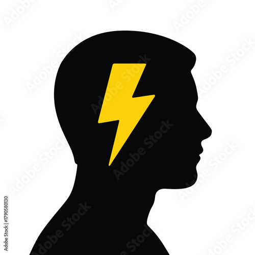 Silhouette of a man s head with a bright yellow lightning bolt inside