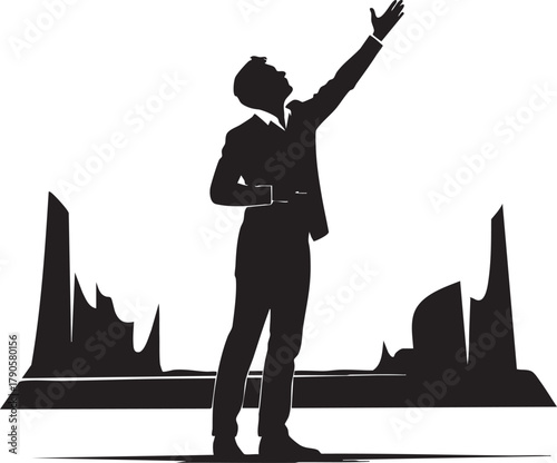Silhouette of an ambitious businessman reaching for success against an industrial cityscape background. A vector illustration representing vision, leadership, and corporate growth.