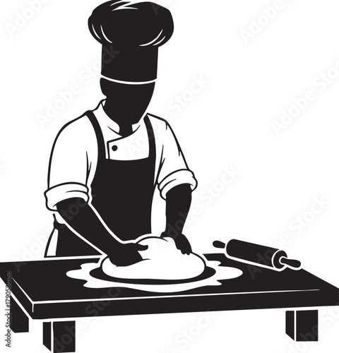 A black and white silhouette of a professional chef kneading fresh dough on a wooden table. Culinary arts icon showing a baker in a toque hat preparing bread with a rolling pin.