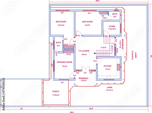 Residential building floor plan vector showing complete room arrangement, modern architecture, and accurate measurement blueprint for real estate design