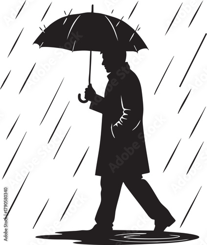 Silhouette of a solitary individual walking calmly through a steady downpour, protected by an open umbrella, creating a classic scene of resilience and urban weather.