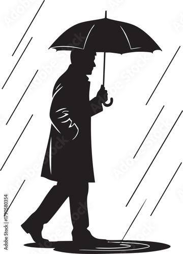 Silhouette of a man walking in the rain under an umbrella, symbolizing solitude and contemplation during inclement weather conditions.