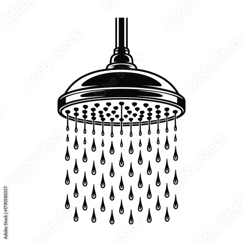 Modern shower head spraying water droplets in black and white