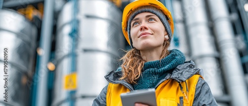 Tech and environment: engineer conducts essential site analysis. Visual balance. Engineer evaluates environmental impact of site near vast storage tanks. Advertising photo. Clear focus.