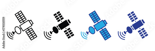 Satellite communication icon set: transmitting signals, global connection, technology symbol isolated on white background