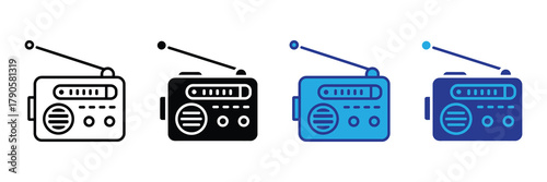 Vintage portable radio receiver icon set in different styles: outline, solid, blue, dark blue isolated on white background