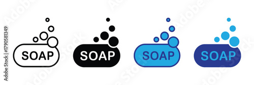 Soap bar icon with rising bubbles symbol representing hygiene, washing, and cleanliness isolated on white background