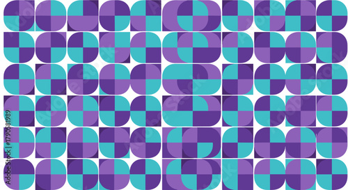 Colorful geometric shapes in purple and turquoise on a white background  
