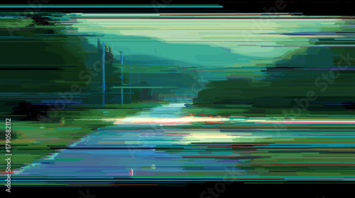 Abstract digital glitch art background depicting scenic river landscape  