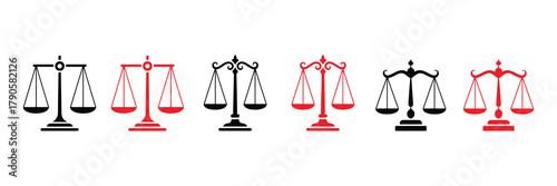 Scales of justice vector icons set depicting law, balance, and equality concepts isolated on white background