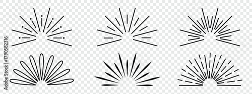 Collection of diverse stylized sunburst and sunrise icons. A collection of three minimalist sunburst illustrations in a vintage, bohemian style.  retro sunburst round boarder bundle.  retro burst. 