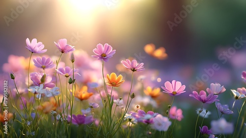 Fototapeta Naklejka Na Ścianę i Meble -  Gentle pink cosmos flowers bloom in golden hour sunlight, creating a serene meadow scene