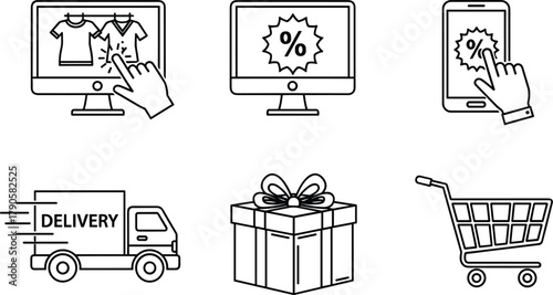 Online shopping and e-commerce icons set with delivery truck, discount tag, gift box, shopping cart, and touchscreen order concept vector