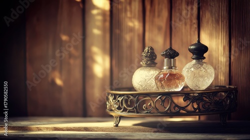 Ornate antique perfume bottles arranged on a brass display shelf