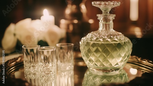 Ornate Crystal Decanter Filled With Clear Liquid on a Table