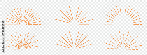 A collection of three minimalist sunburst illustrations in a vintage, bohemian style. Collection of sunburst and sunrise icons in various styles and patterns. Bursting sun rays. Fireworks. Eps 10. 