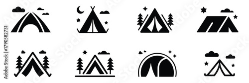 Modern silhouette camping tent icons for outdoor adventure, travel, and wilderness isolated on white background