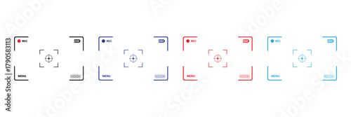 Camera recording screen interface vector icons set featuring focus, battery, and menu isolated on white background