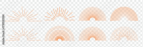 A collection of three minimalist sunburst illustrations in a vintage, bohemian style. Collection of sunburst and sunrise icons in various styles and patterns. Bursting sun rays. Fireworks. Eps 10. 