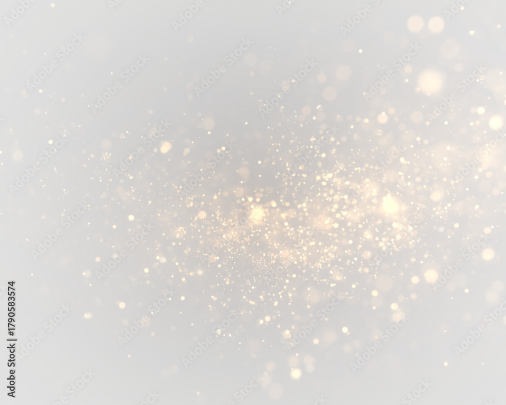 Fototapeta premium Sparkling gold dust floats softly across glowing bokeh circles. Tiny glitter particles shimmer delicately. Elegant overlay for Christmas or holiday designs. PNG