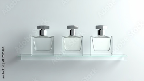 Perfume bottles on a floating glass display shelf